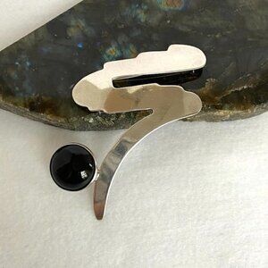 VTG Sterling Silver 925 3.40" Taxco Mexico MCM Modernist Black Onyx Brooch 24g